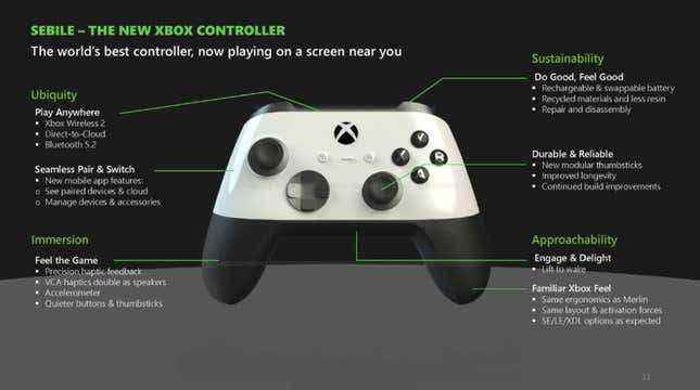 Une capture d'écran montre les spécifications du nouveau contrôleur Xbox. 